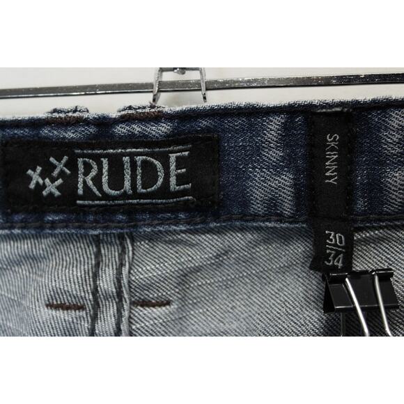 XXX Rude Button Fly Skinny Jeans Men 30 / 34 Distressed Ripped Blue Denim - Picture 8 of 14
